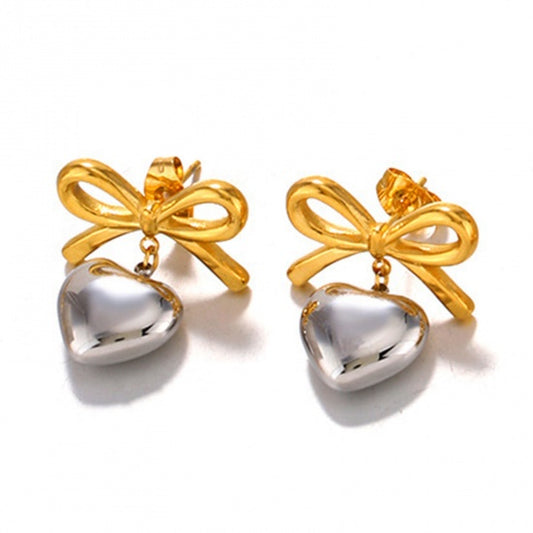Silver and Gold Heart Bow Earrings